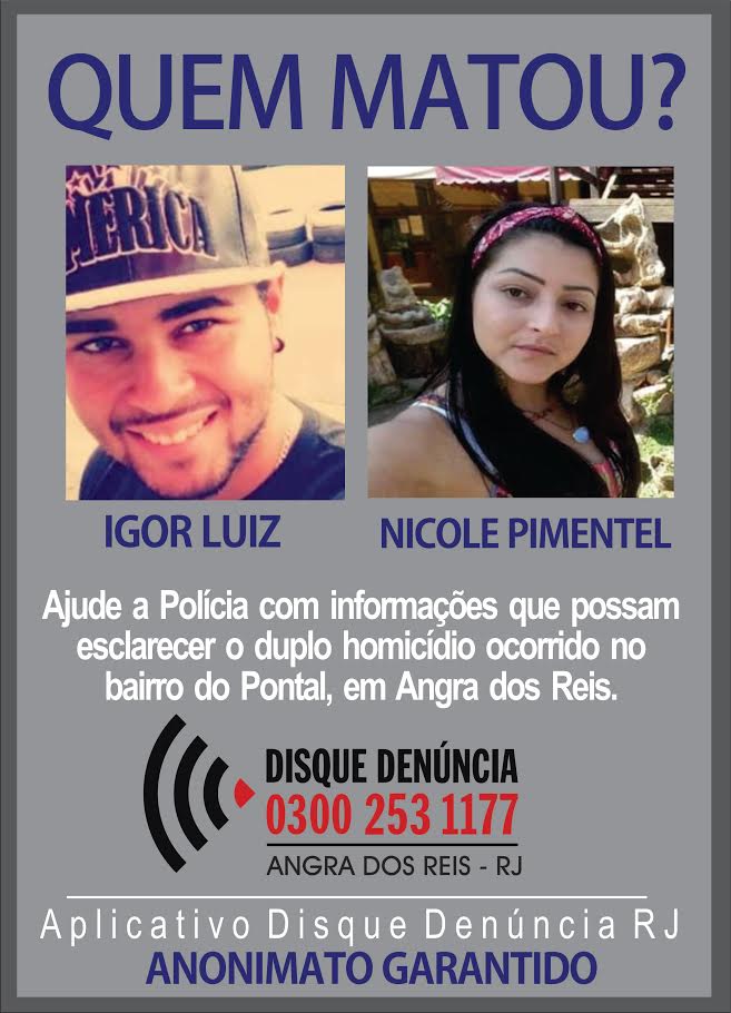 Disque Denúncia lança cartaz com objetivo de ajudar a polícia a encontrar os envolvidos no duplo homicídio ocorrido em Angra dos Reis
